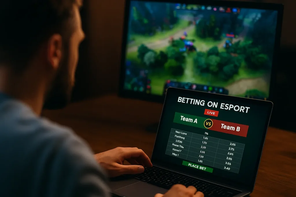 Gracz obstawiający zakłady na e-sport podczas transmisji na żywo, korzystający z platformy bettingowej na laptopie